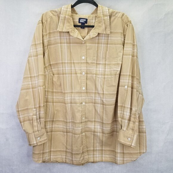 Lands End Button Up Shirt Women 2X 20-22 Brown Plaid Cotton Long Sleeve Tab Camp - Picture 1 of 14